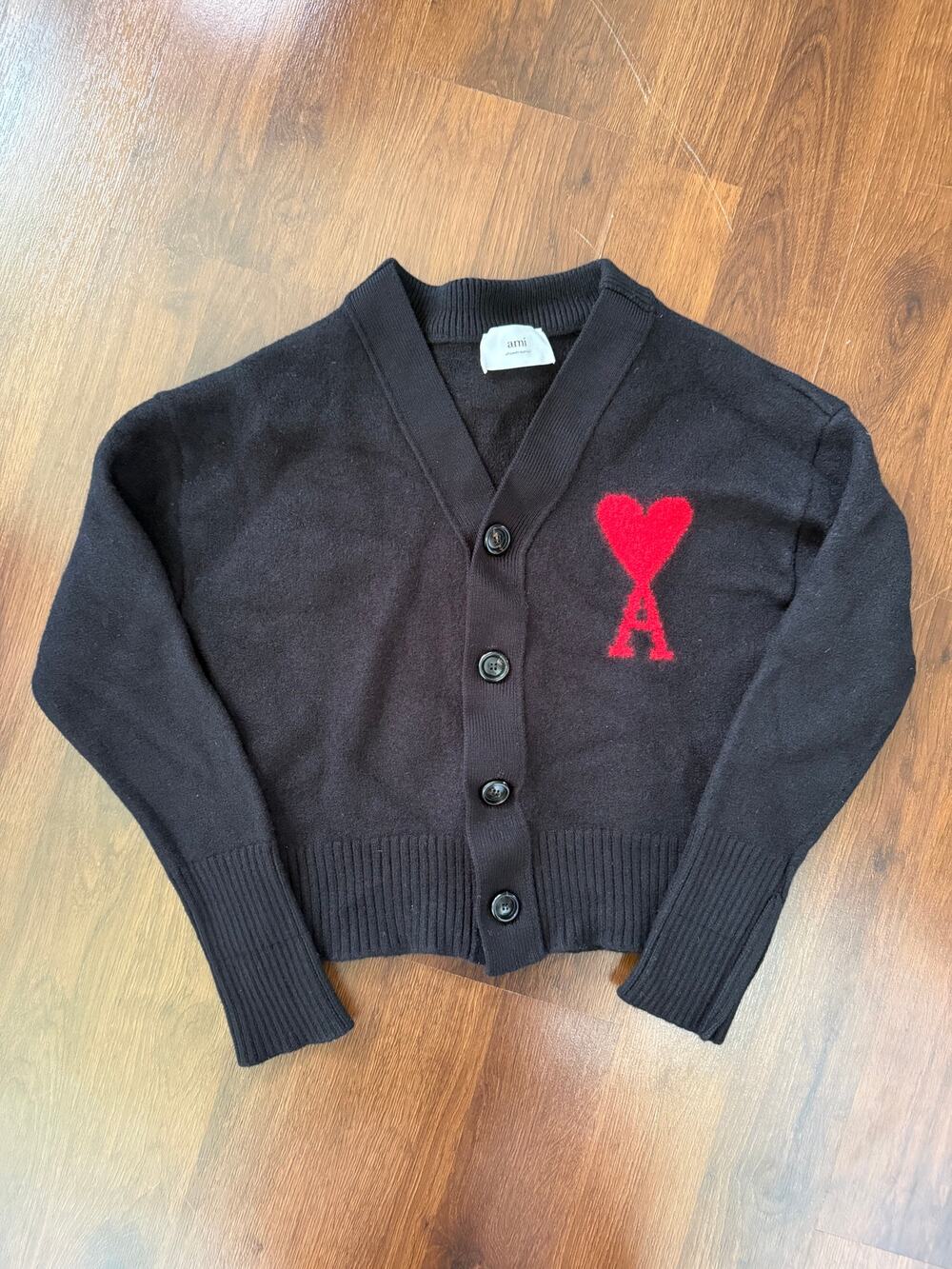 AMI Alexandre Mattiussi Virgin Wool Cardigan Black Sz S Heart Logo Preppy Cozy